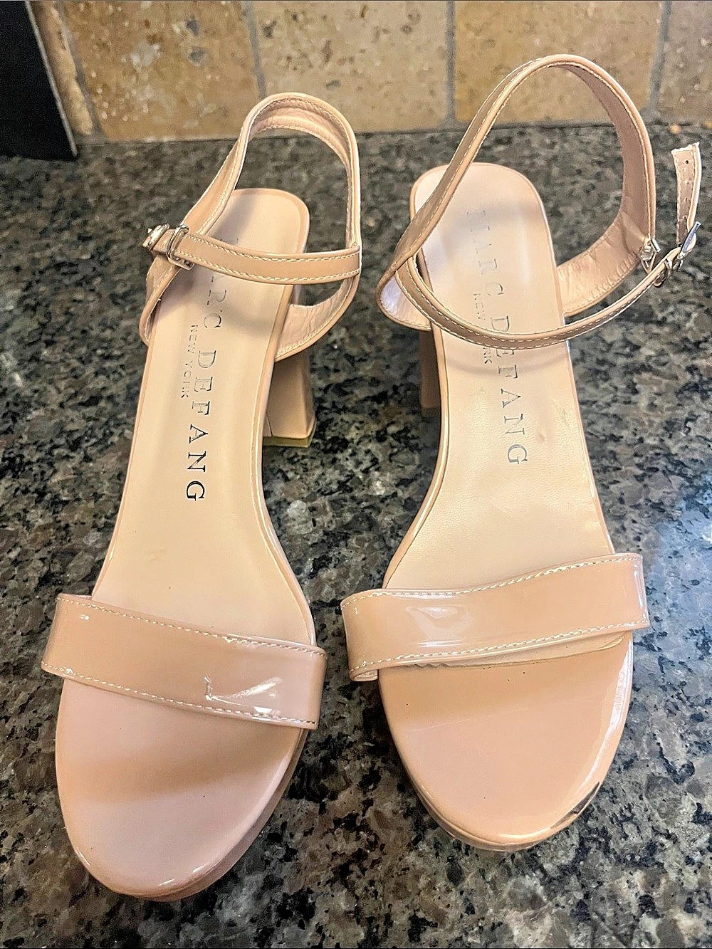 Marc Defang Beige Patent Ankle Strap Block Heel Sandals 10